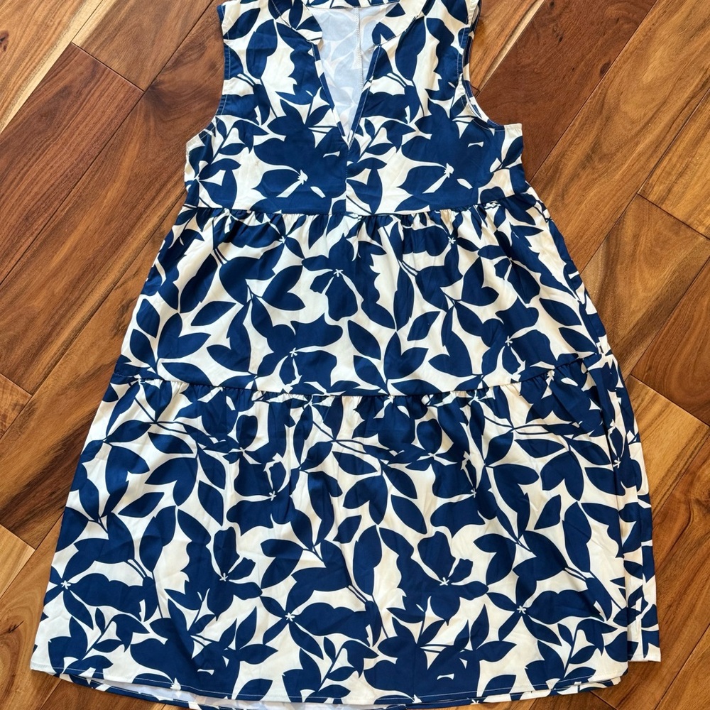 Navy and White Leaf Print Women’s Dress